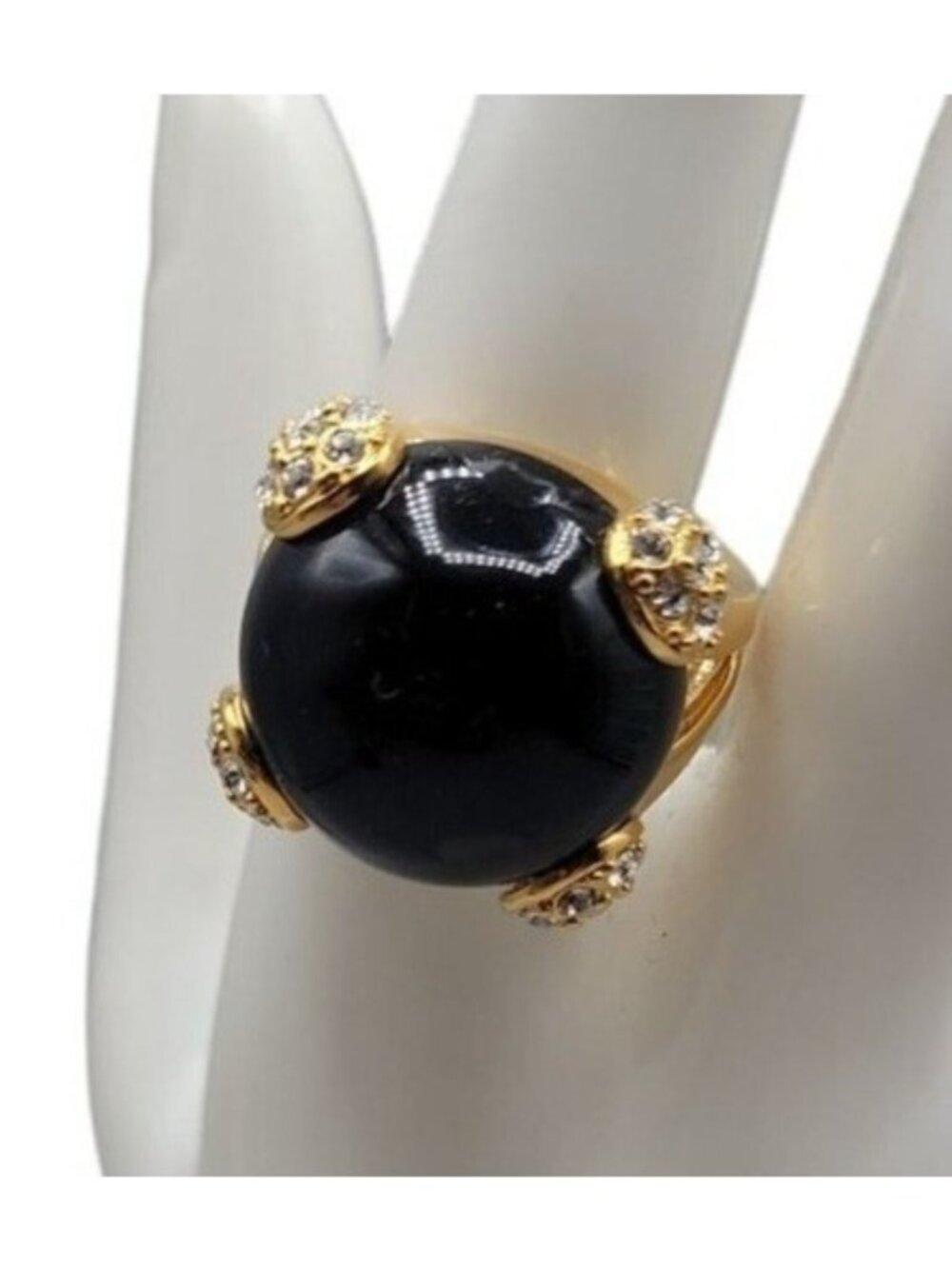 Cobalt Blue Bubble Art Glass Ring 18kgp 7.5 Signed RM Rhinestones Gold Tone - Picture 2 of 16